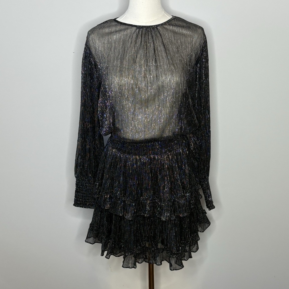 Misa Los Angeles Katia Black Silver Sheer Bodice Ruffled Mini Dress Womens Small